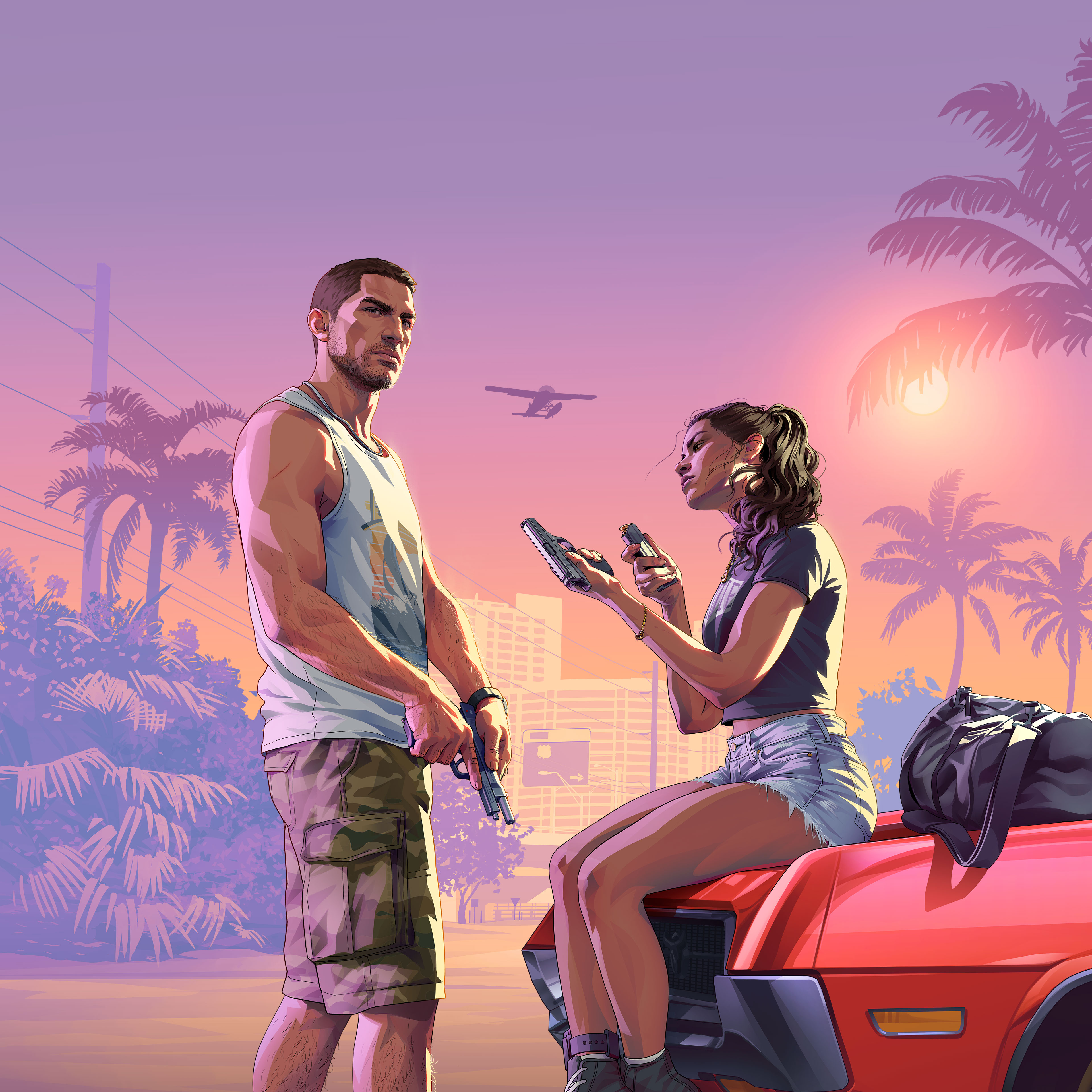 Jason e Lucia em uma cena de GTA VI, ao lado do convite para o grupo de ofertas gamer